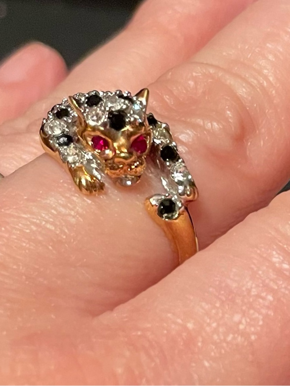 Leopard Ring with Black, Clear, and Ruby Accents size 9